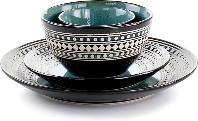 Elama Blue Sage 16 Piece Double Bowl Stoneware Dinnerware Set in Blue