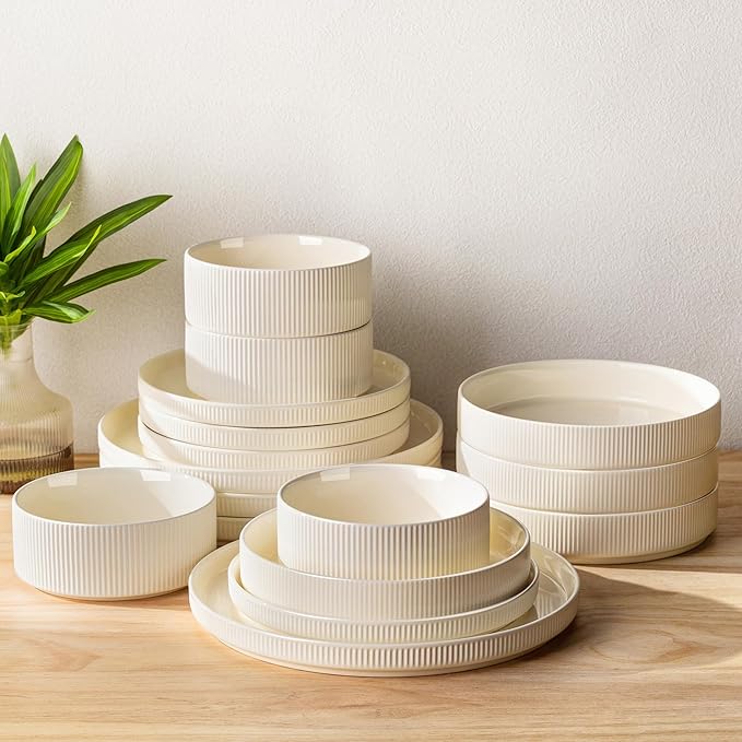 TheTerra Ceramic Dinnerware Sets with Pasta Bowls for 4 16 Pieces Porcelain Lightweight Speckled Plates and Bowls Sets Scratch Resistant Dish Set Oven &amp Microwave &amp Dishwasher Safe Beige