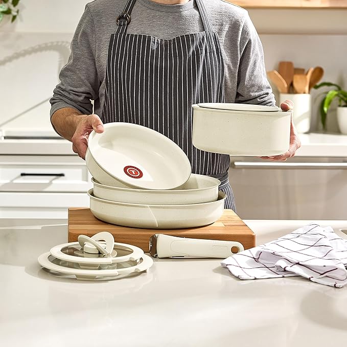 T-fal Ingenio Essentials Cookware Set with Detachable/Removable Handle 11 Piece Granite Titanium Non Stick Oven Broiler Safe 500F Stackable Pots and Pans Set Frying Pans Dishwasher Safe Beige