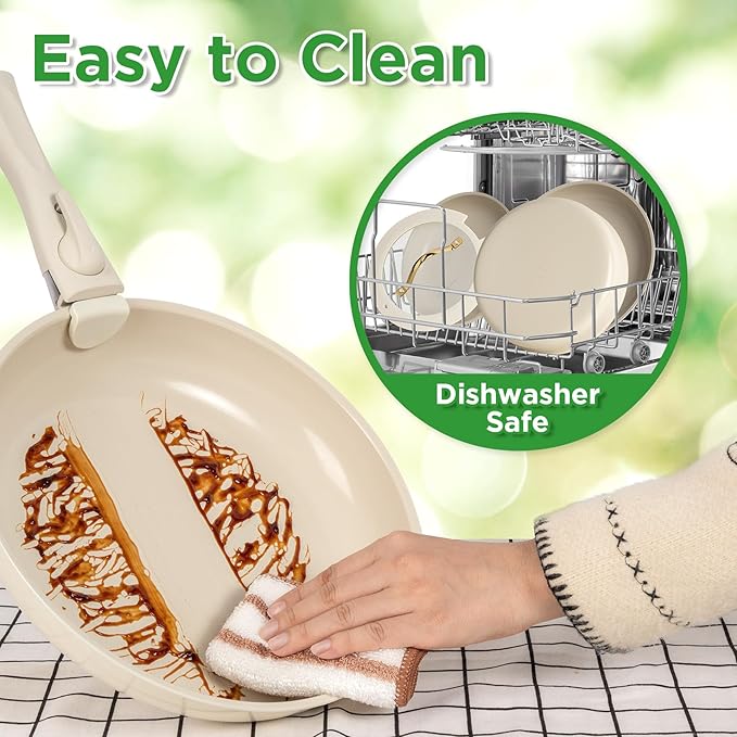 20pcs Ceramic Cookware Set Nonstick Detachable Handle Pots and Pans Set RV Kitchen Set Removable Handle for Cooking Non Toxic No PFAS &amp PTFE &amp PFOA Dishwasher/Oven Safe Cream White