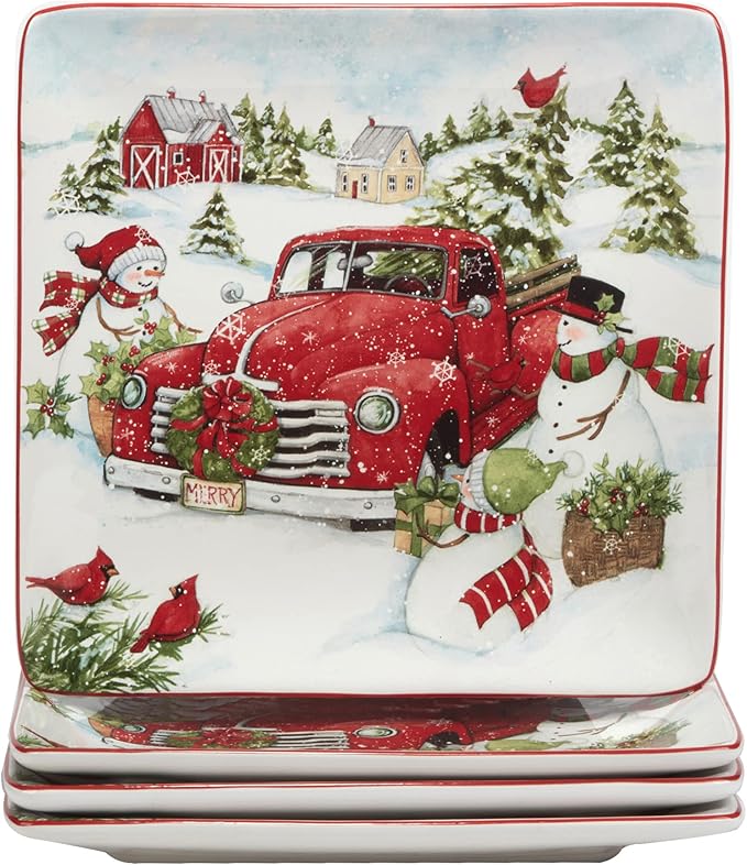 Red Truck Snowman 16pc Ceramic Dinnerware Set Service for 4 – Bring holiday cheer to every meal with festive red trucks snowmen and trees perfect for holiday gatherings and winter entertaining