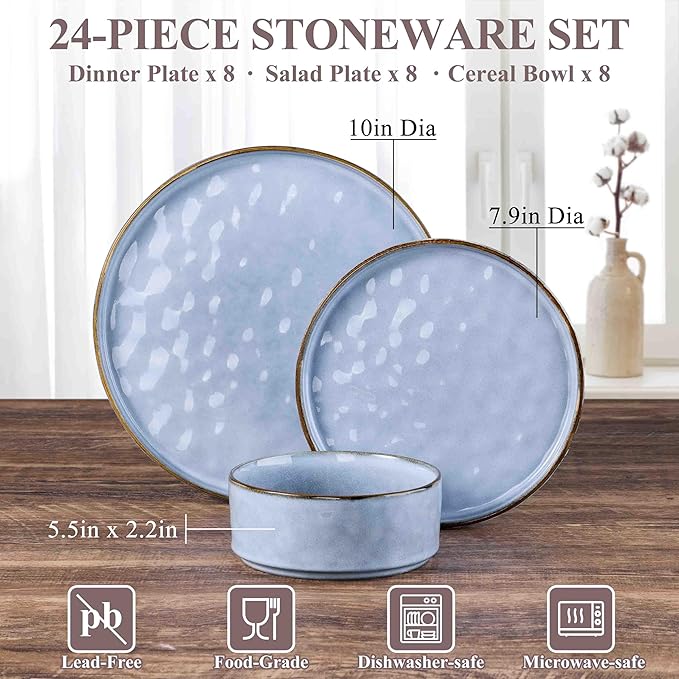 Herogo 24 Pieces Dinner Plates and Bowls Sets for 8 Stoneware Dinnerware Sets for Kitchen Dining Reactive Glaze Dishwasher &amp Microwave Safe Haze Blue