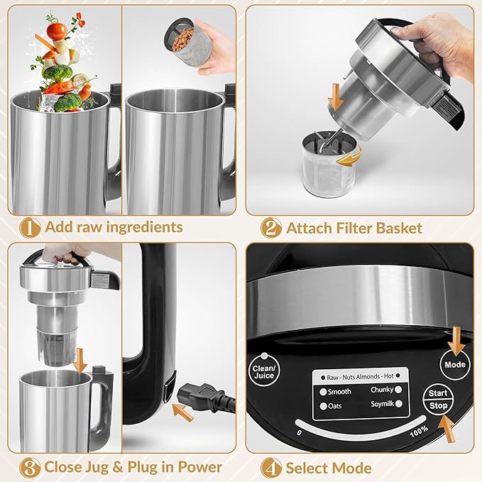 Crayton Nut Milk Maker Machine with Built-in Strainer 51oz/ 1.5L Stainless Steel Almond Milk Maker for Soy Almond Oat Cashew Nut Milks &amp More 7-in-1 Multi-Functional 6-7 Cups Per Batch 120V