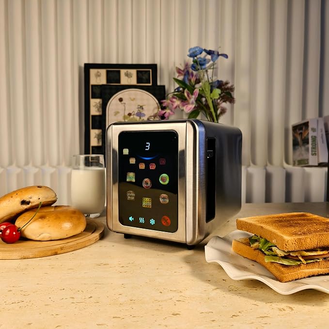 WHALL Full Touch Screen Toaster 2 Slice 1.5'' Wide Slot Stainless Steel Toaster with Digital Timer 6 Bread Types &amp 6 Shade Settings Crumb Tray Reheat/Defrost Smart Toasters for Bagels Silver