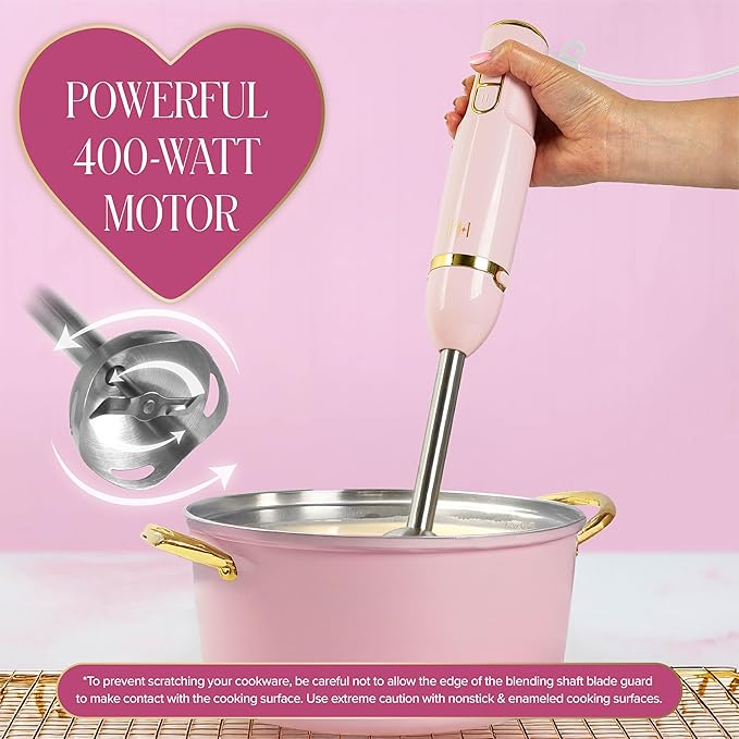 Paris Hilton Hand Blender Set 3-in-1 Immersion Blender with Whisk Blending &amp Chopper Attachments 400W High Speed Pink with Gold Accents – Smoothies Soups Sauces Baby Food Whipped Cream Pi