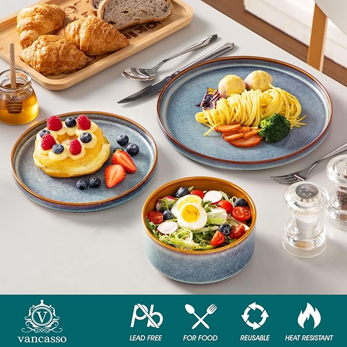 vancasso ONION Ceramic Plates and Bowls Sets 24 Pieces Blue Dinnerware Sets for Kitchen Reactive Glaze Dishes Set for 8 Dishwasher and Microwave Safe