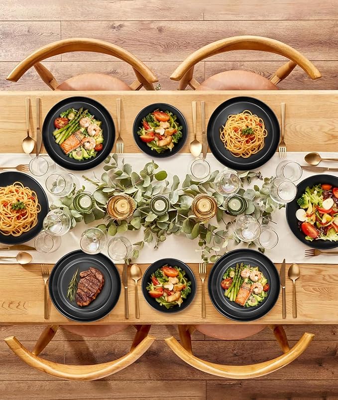 16 Pieces Ceramic Dinnerware setPlates and Bowls Sets for 4Black Dinnerware Set for Kitchen Modern Design Plate Sets with Black Rim Microwave and Dishwasher Safe