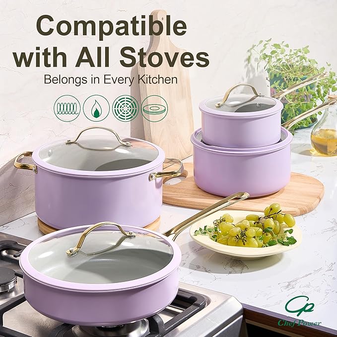 Chef Power Ceramic Cookware Sets 10Pcs Pots and Pans Set Non Stick Cookware Set with Stainless Steel Handle Dishwasher &amp Oven Safe Light Purple and Granite Grey