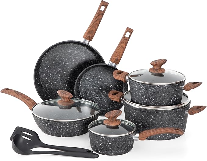 MAISON ARTS Kitchen Cookware Sets Nonstick 12 Piece Pots and Pans Set Non Stick Granite Coated Cooking for Induction Oven Stovetop