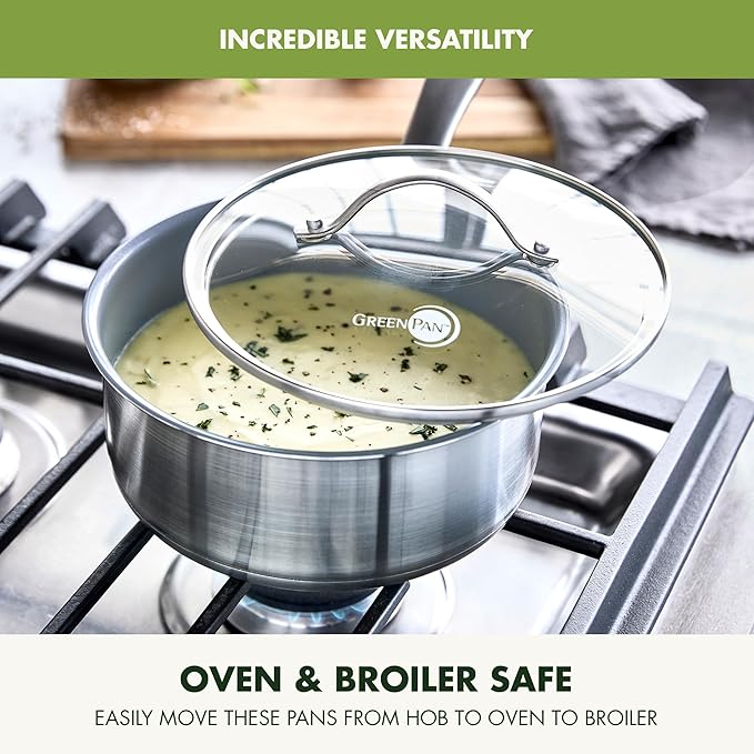 GreenPan Stainless Steel Treviso 2.1QT Saucepan with Lid Healthy Ceramic Nonstick PFOA-Free PFAS-Free Induction Dishwasher Safe Oven Safe Even Heating Silver