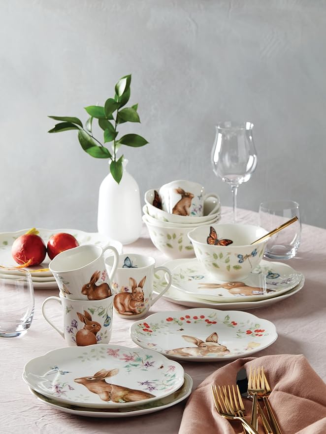 Lenox Dinnerware Set Butterfly Meadow Bunny 16-Piece Set Service For 4 Dishwasher Safe Microwave Safe Made Of Porcelain Bowls And Mugs Plates And Bowls Easter Dish (Assorted 16 Pieces)