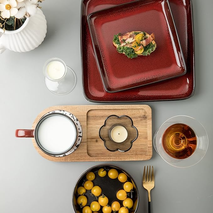 FLACKAR Square Stoneware 16pc Dinnerware Set for 4 Dinner Plates Side Plates Cereal Bowls Mugs - Reactive Glaze Red (485450)
