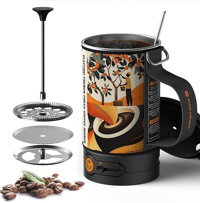 Electric French Press Coffee Maker 120V Boil Water &amp Press Coffee 2-in-1 Portable Design for Camping Travel 6 Minute Brew Ready