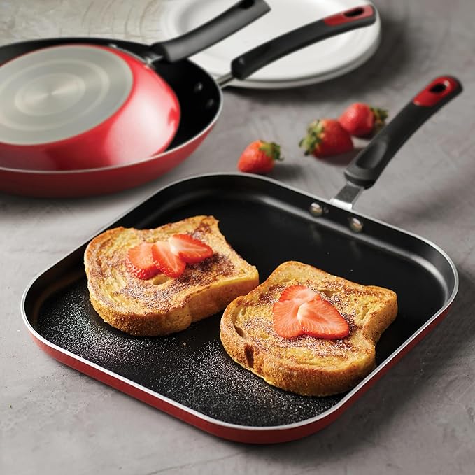 3 pc aluminum nonstick fry pan and griddle set – metallic red