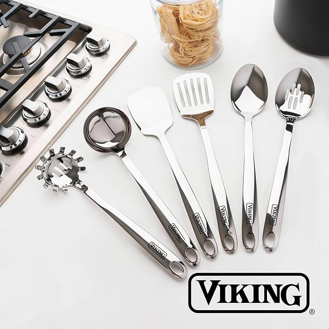 Viking Kitchen Utensils Set 6 Piece Stainless Steel Cooking Utensil Set Includes Spatulas Spoons Pasta Fork and Deep Ladle Hollow Forged Silver