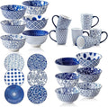 24 Pieces Ceramic Dinnerware - 12 Oz Dessert Bowls and 8.5 Inch Salad Plates and 24 Oz Cereal Bowls and 16 Oz Coffee Mugs Sets - Service for 6 - Vintage Blue