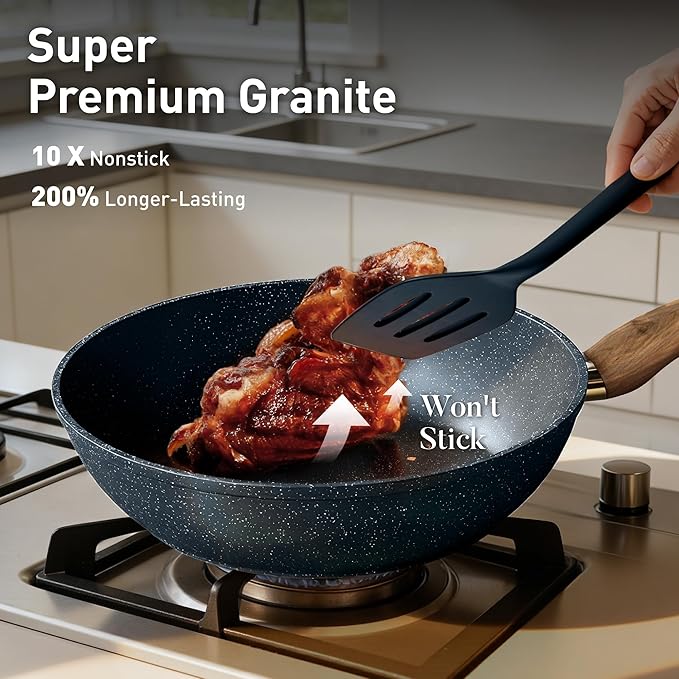 DisDelight Induction Pots and Pans Set Non Stick Nonstick Granite Kitchen Cookware Sets Blue Cooking Pans PFOA &amp PFOS Free