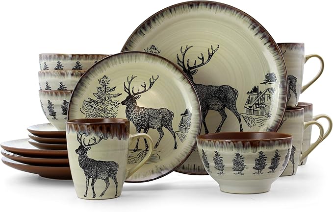 Unknown1 Moose Piece Round Stoneware Dinnerware Set in Taupe Beige Animal Casual 16 Microwave Safe Brown Medium