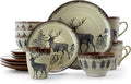 Unknown1 Moose Piece Round Stoneware Dinnerware Set in Taupe Beige Animal Casual 16 Microwave Safe Brown Medium