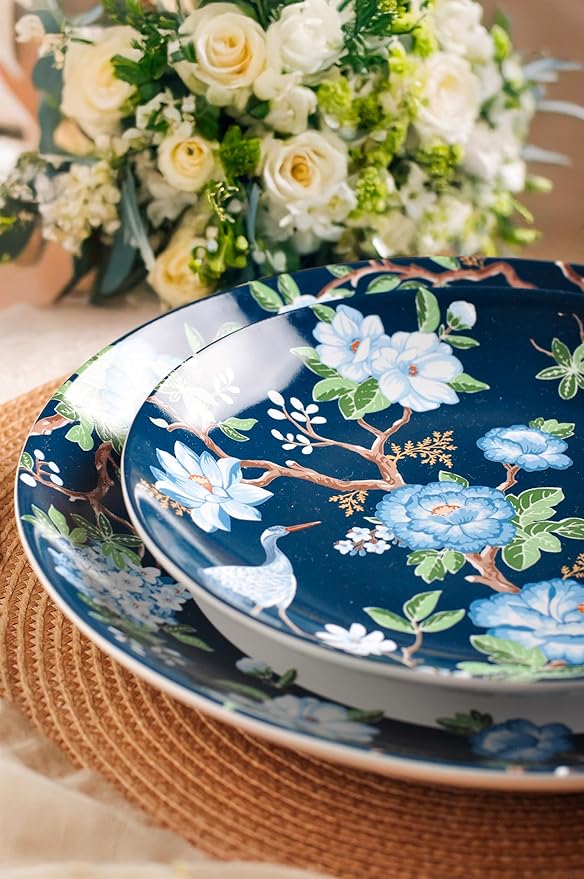 222 Fifth 12-Piece Porcelain Dinnerware Set for 4 Luxury White &amp Bohemian Blue Plates and Bowls Set Glossy Ceramic Dish Set with Detailed Floral Microwave &amp Dishwasher Safe Dishes Nighting