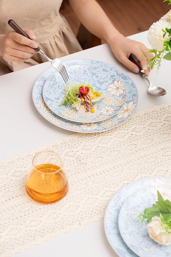 High Bone China Dinnerware Set 12-Piece Artistic Blue Plates and Bowls Lightweight &amp Chip Resistant Ceramic Service for 4 Dishwasher Safe Elegant Kitchen Dining