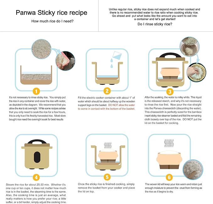 Handmade 100% Natural Thai Bamboo Sticky Rice “Electric Cooker Steamer Set” Small Pot Insert ~ 6.5 Inch Hewn Reed Wicker Woven Lid 16’’ Cheesecloth Filter and Wooden Spoon