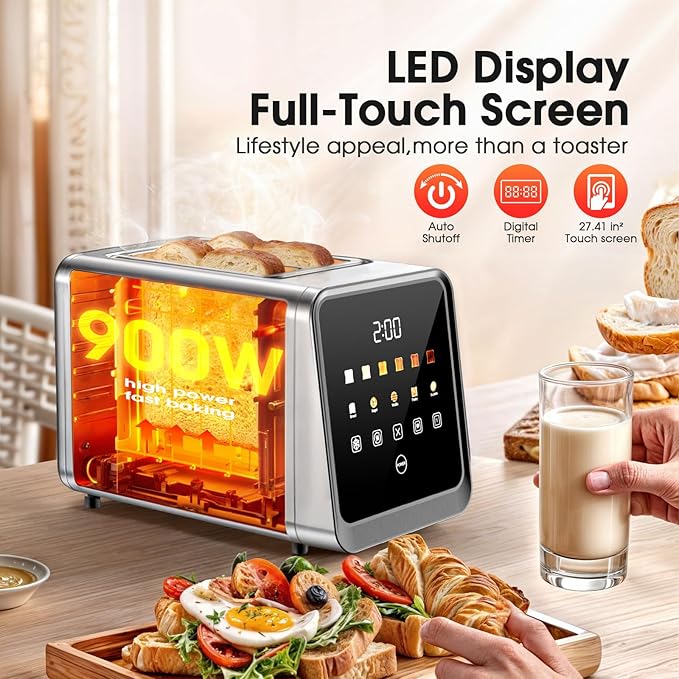 Toaster 2 Slice with Touchscreen 1.5 Wide Slots &amp Memory Recall | 900W Stainless Steel Smart Digital Toasters | 6 Shade Settings for Bagels &amp Thick Bread | Defrost Reheat Single-Slice Mode