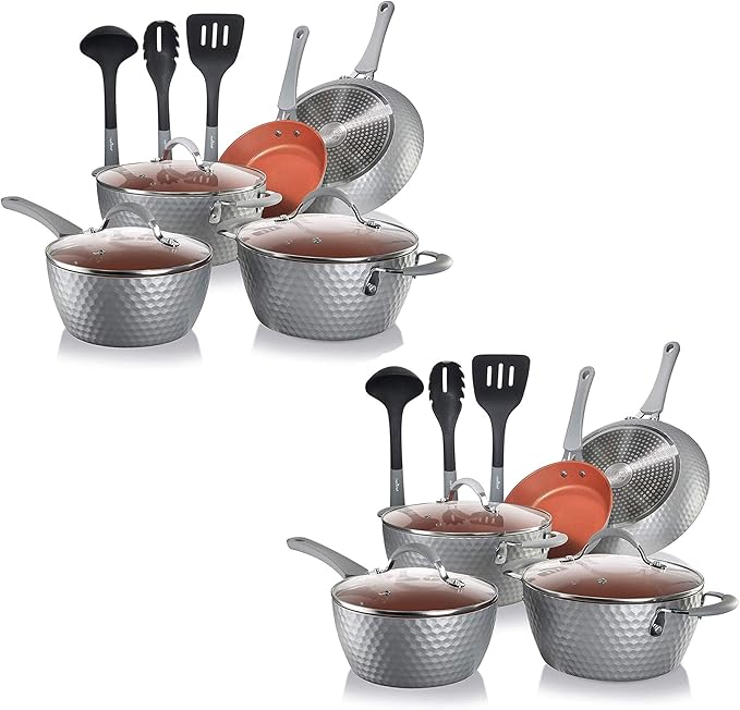 NutriChef NCCW11GD 11 Piece Nonstick Ceramic Coating Diamond Pattern Kitchen Cookware Pots and Pan Set with Lids and Utensils Gray (2 Pack)