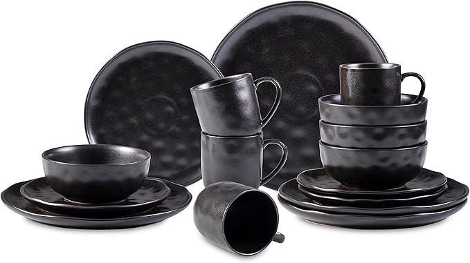 Organic Stoneware Sky Star 16pc Dinner Set Reactive Glaze Black