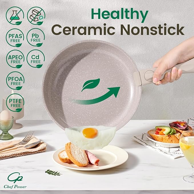 Chef Power Ceramic Nonstick Pots and Pans Set 19 Piece with Detachable Handle Induction Dishwasher Oven Safe Cookware Set RV Kitchen Set Removable Handle Mocca Taupe