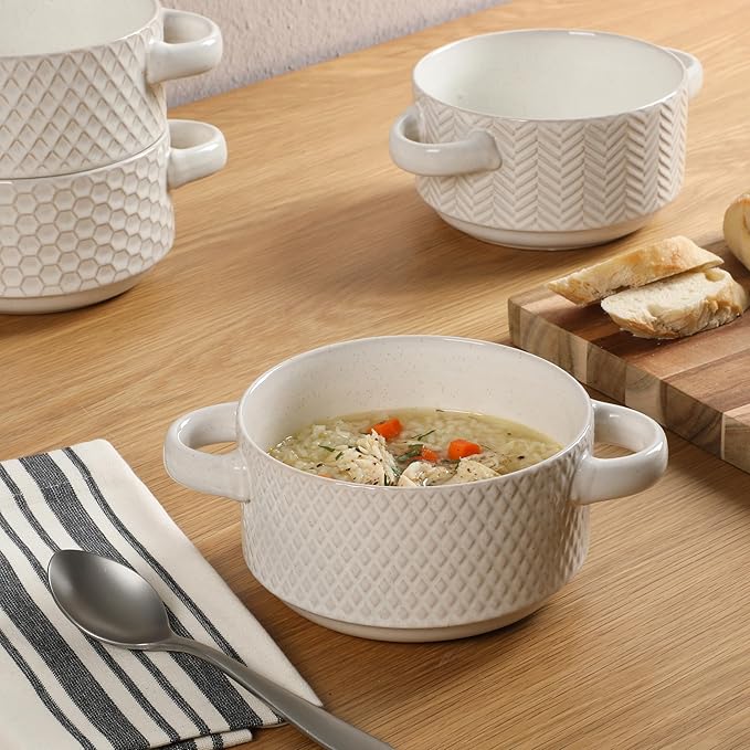Gibson Elite Oyster Tide Embossed 6 Inch Soup Bowls with Handles. French Onion Soup Crocks Stackable Soup Bowl Chili Beef Stew Reactive Glaze Stackable Ceramic Bowl Set of 4 White