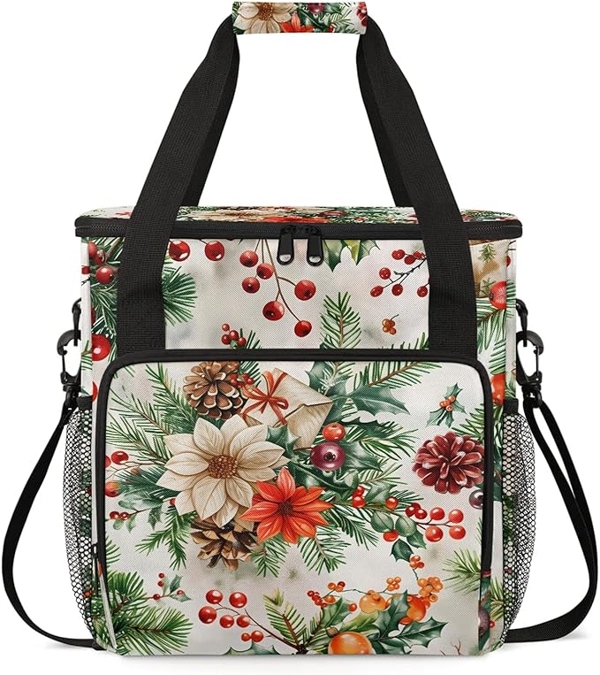 Flowers Leaves Berries Branches Christmas Coffee Maker Carring Bag Large Insulated Storage Organizer Case Tote Bags with Shoulder Strap for Travel Work Picnic