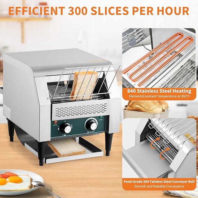 Commercial Toaster Conveyor 300 Slices/H 1800W 7 Temperature SettingsWith Timer Commercial Toasters for Restaurant/Home for Bun Bagel Bread