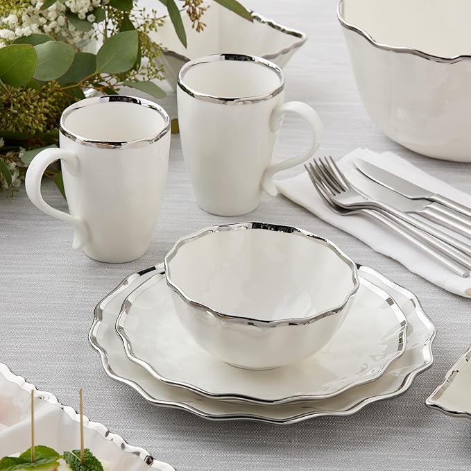 Regency Silver 16-Piece Porcelain Dinnerware Set – Elegant Silver-Trimmed Plates Bowls &amp Mugs – Service for 4 – Durable Dishwasher-Safe Tableware for Everyday Dining &amp Special Occasions