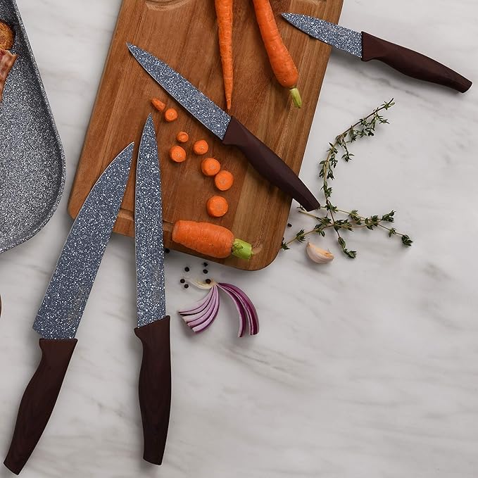 Set 3pc Frying Pan (16+20+24cm) Pressed Aluminium Induction Black Soul Marble with Set 3pc Kitchen Utensils Nylon with Set 4pc Stainless Steel Knives