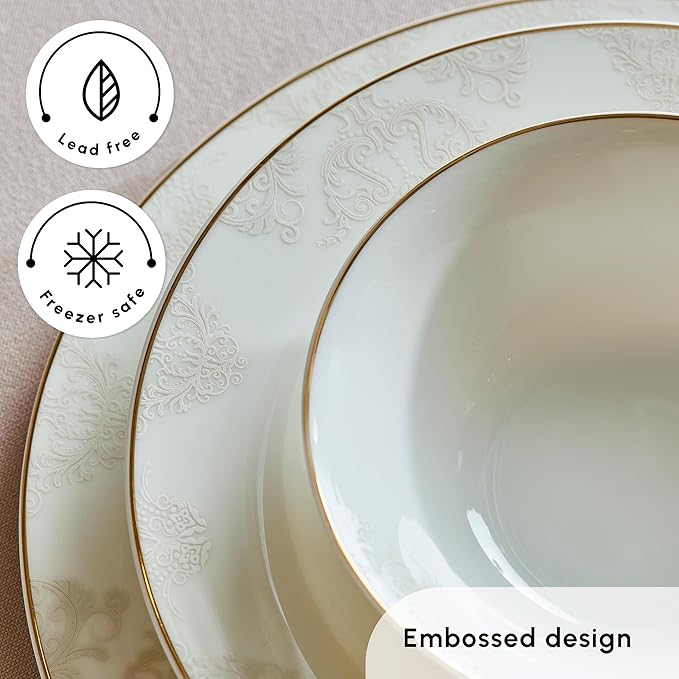 Karaca Siena 53-Piece Porcelain Plates and Bowls Set with Dinner &amp Dessert Plates Shakers - Bone China Dishware Sets - Kitchen Dinnerware Set for 12 People