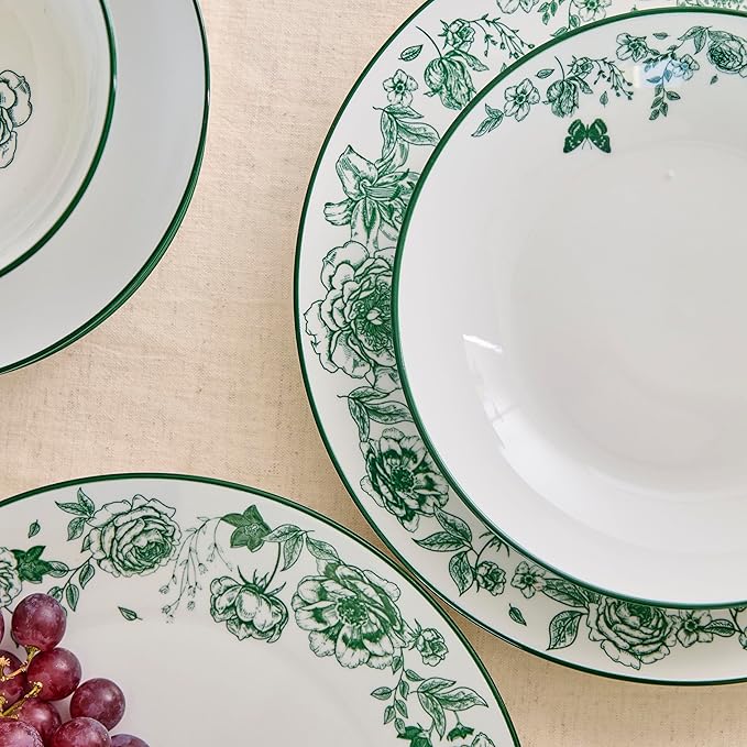 Stone Lain Esme 32-Piece Dinnerware Set Porcelain Plates and Bowls Set Cereal and Patsa Bowls Dish Set for 8 Green