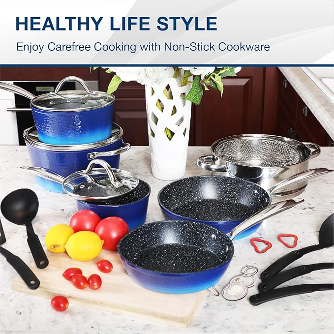MAISON ARTS Kitchen Cookware Sets - 15 Piece Nonstick Pots and Pans Sets with Granite Hammered for Induction &amp Dishwasher Safe Oven Stovetop Blue