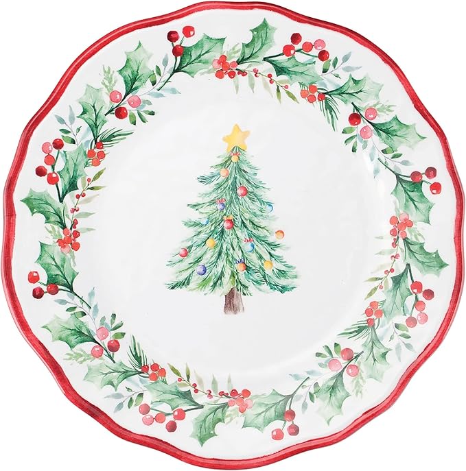 UPware 12 Piece Christmas Tree Melamine Dinnerware Sets Outdoor Dishes Set Plates and Bowls Sets Christmas Decorations Service for 4 Red