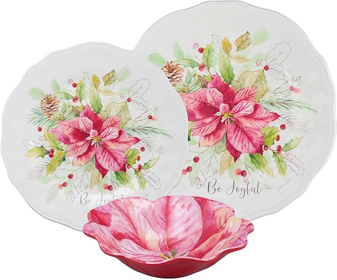 UPware 12 Piece Joyful Holiday Melamine Dinnerware Sets Outdoor Dishes Set Plates and Bowls Sets Christmas Decorations Service for 4 Red