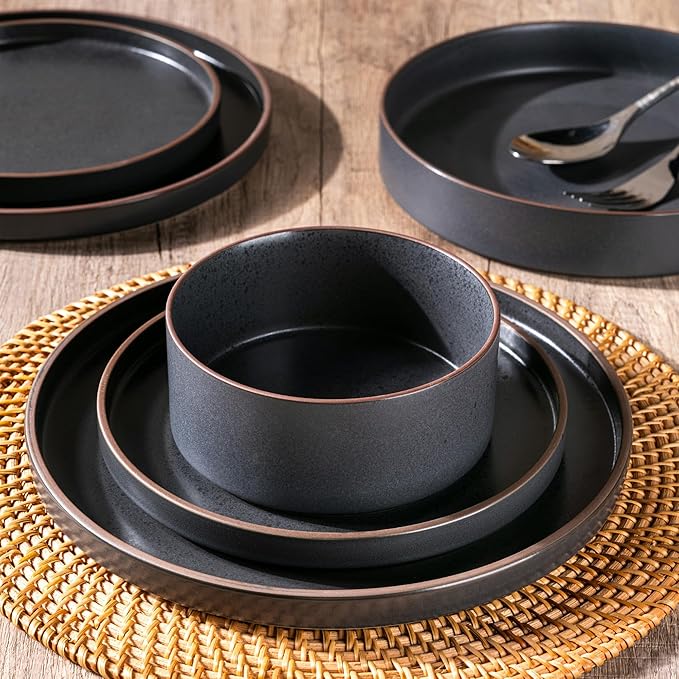LERATIO Ceramic Dinnerware Sets for 6 High Edge Stoneware Plates and Bowls Set Chip and Crack Resistant | Oven &amp Dishwasher &amp Microwave Safe Dishes Set Service for 6 -Ashen