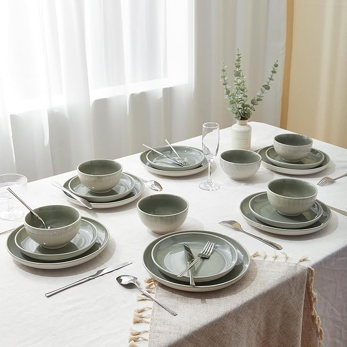 Stoneware Dinnerware Sets Service for 12 36 pcs Reactive Glaze Plates and Bowls Sets Handmade Ceramic Dish Set Highly Chip and Crack Resistant Modern Plate Set Gradient Green