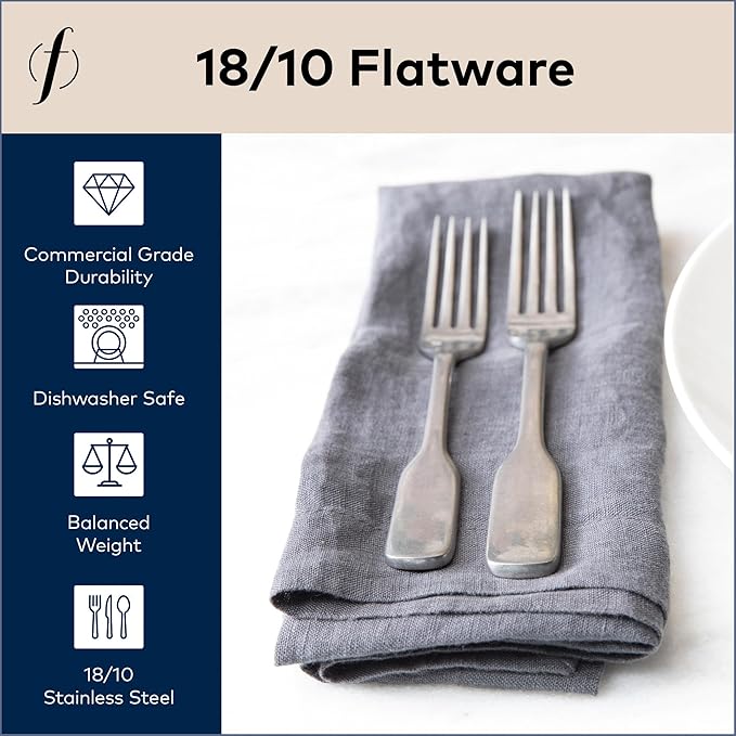 FORTESSA Ashton 18/10 Stainless Steel Flatware 5 Piece Place Setting With Knife Forks and Spoons (Service For 1) Dishwasher Safe Antiqued