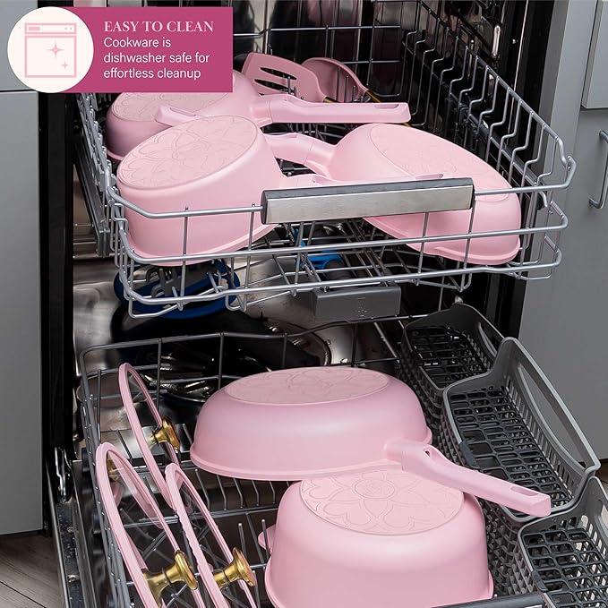 Paris Hilton Ceramic Nonstick Cookware Set Cast Aluminum with Dual Layer Nonstick Coating Gold Heart Knobs Stay-Cool Handles Made without PFAS PFOA PFOS &amp PTFE Dishwasher Safe 10-Piece Pi
