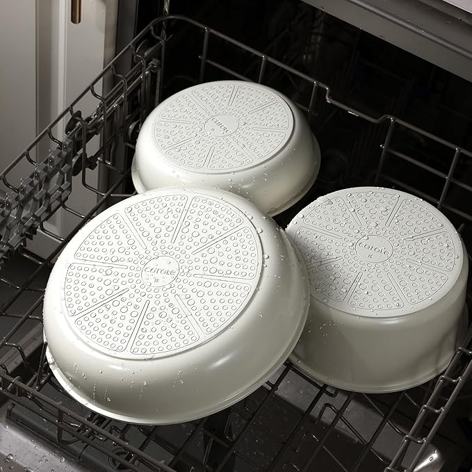 CAROTE Ceramic Pots and Pans Set Non Stick Nonstick Kitchen Cookware Sets with Lid Detachable Handle Sauté Pan Set Non Toxic Frying Pan Oven Safe Induction Ready Cream White
