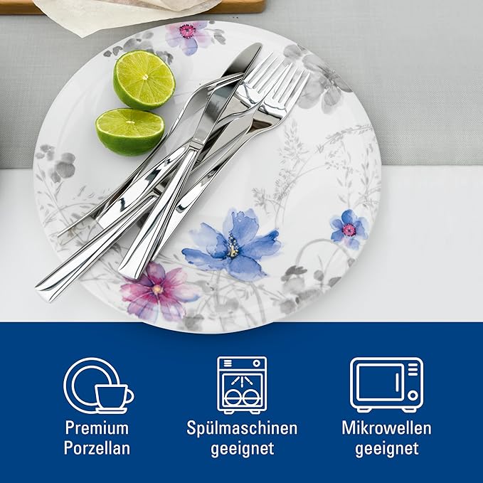 Villeroy &amp Boch Mariefleur Gris Basic Dinner Set for up to 6 People 12 Pieces Premium Porcelain White/Multicoloured