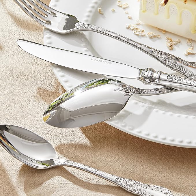 KINGSTONE Vintage Carved Silverware Set 10-Piece 18/10 Stainless Steel Flatware Cutlery Set with Retro Royal Thick Handle Tableware Utensils for Home Restaurant party Wedding Dishwasher Safe
