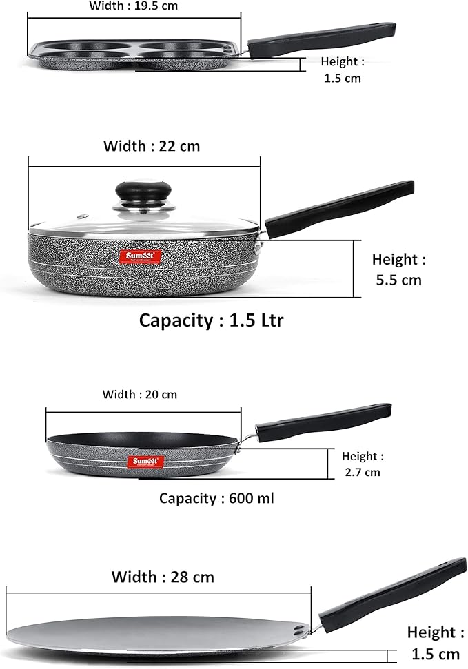 Sumeet NonStick Musta Cookware Set (Mini Multi Snack Maker - 4 Cavity -19.5cm + Frypan with Glass Lid - 1.5Ltr - 22Cm Dia + Tapper pan - 0.6Ltr - 20Cm Dia + Conceve/Roti Tawa - 28Cm Dia)