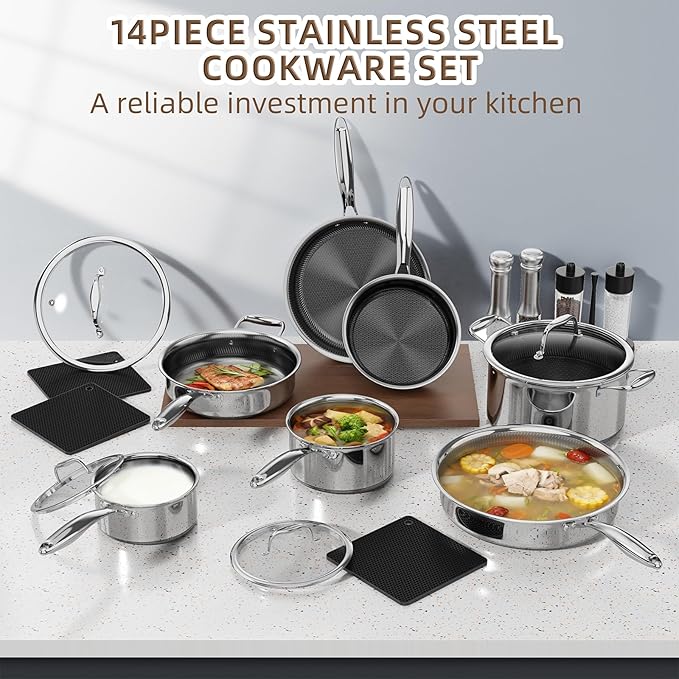 Yoehka 14-Piece Hybrid Stainless Steel Cookware Set Non-Stick Pots and Pans Set with 3 Silicone Trivets | Induction Compatible Frying Pans Saucepans Saute Pan &amp Stock Pot | Oven Dishwasher Safe