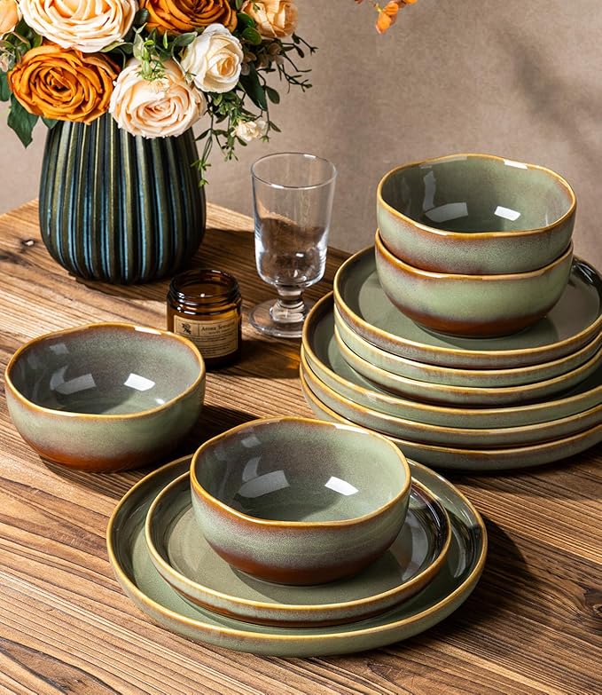 TheTerra Ceramic Dinnerware Sets for 4 12 Pieces Handmade Reactive Glaze Plates and Bowls Sets Scratch Resistant Dish Set Oven &amp Microwave &amp Dishwasher Safe Brown Green